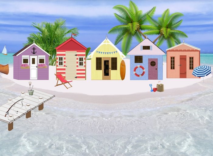 Huts Beach Sea Palm Houses Clouds Flowers